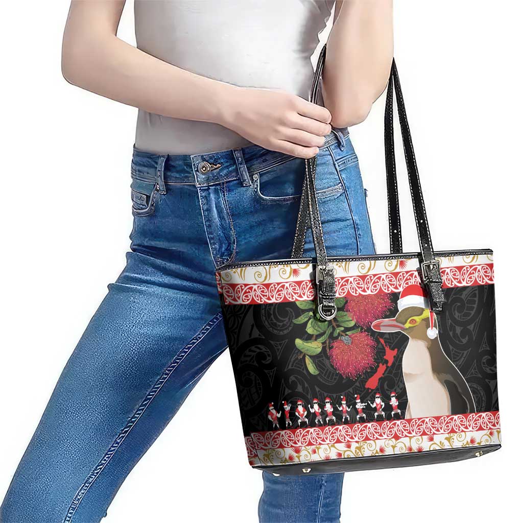 New Zealand Merry Christmas Leather Tote Bag Hoiho Xmas - Haka Dance and Pohutukawa LT03 - Polynesian Pride