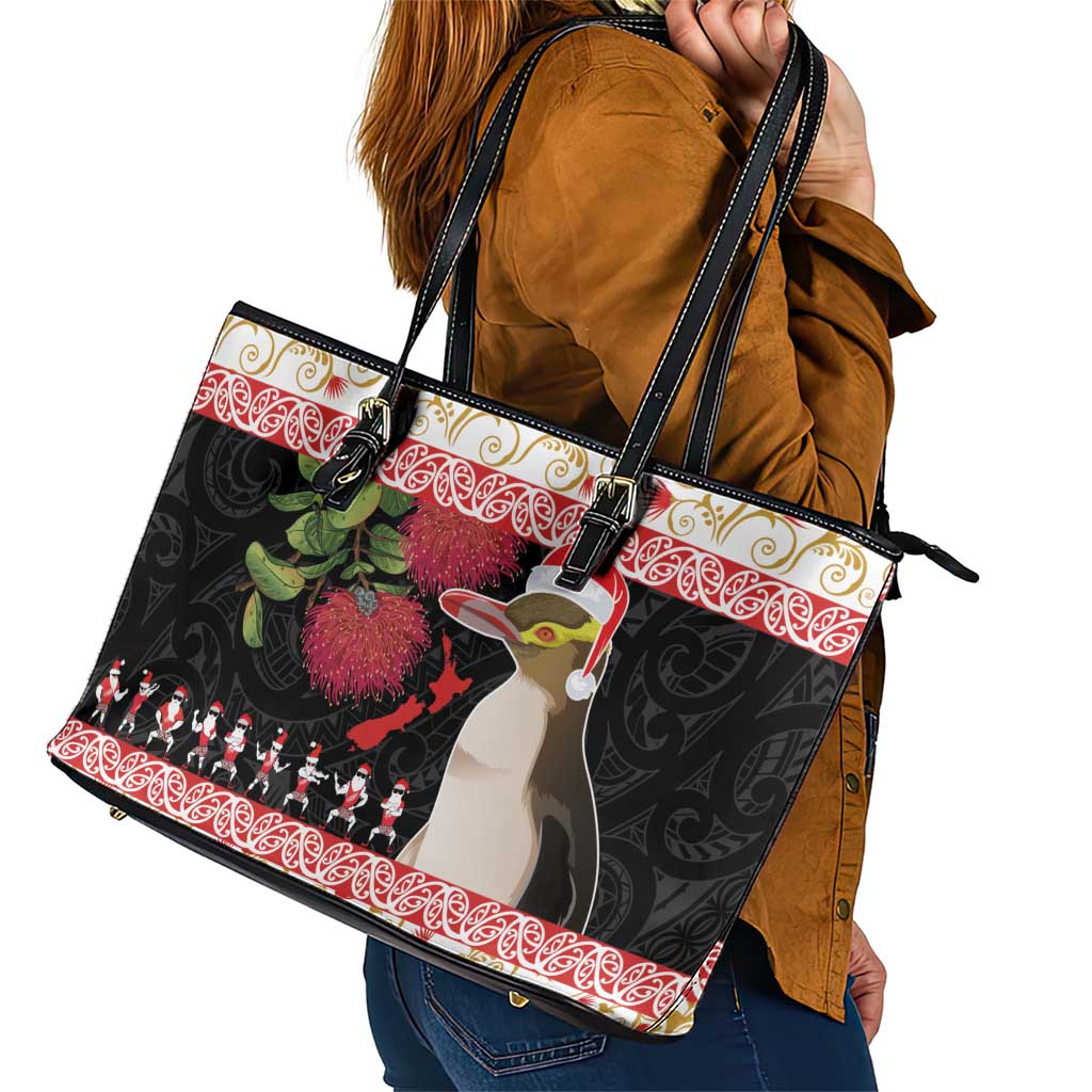 New Zealand Merry Christmas Leather Tote Bag Hoiho Xmas - Haka Dance and Pohutukawa LT03 - Polynesian Pride