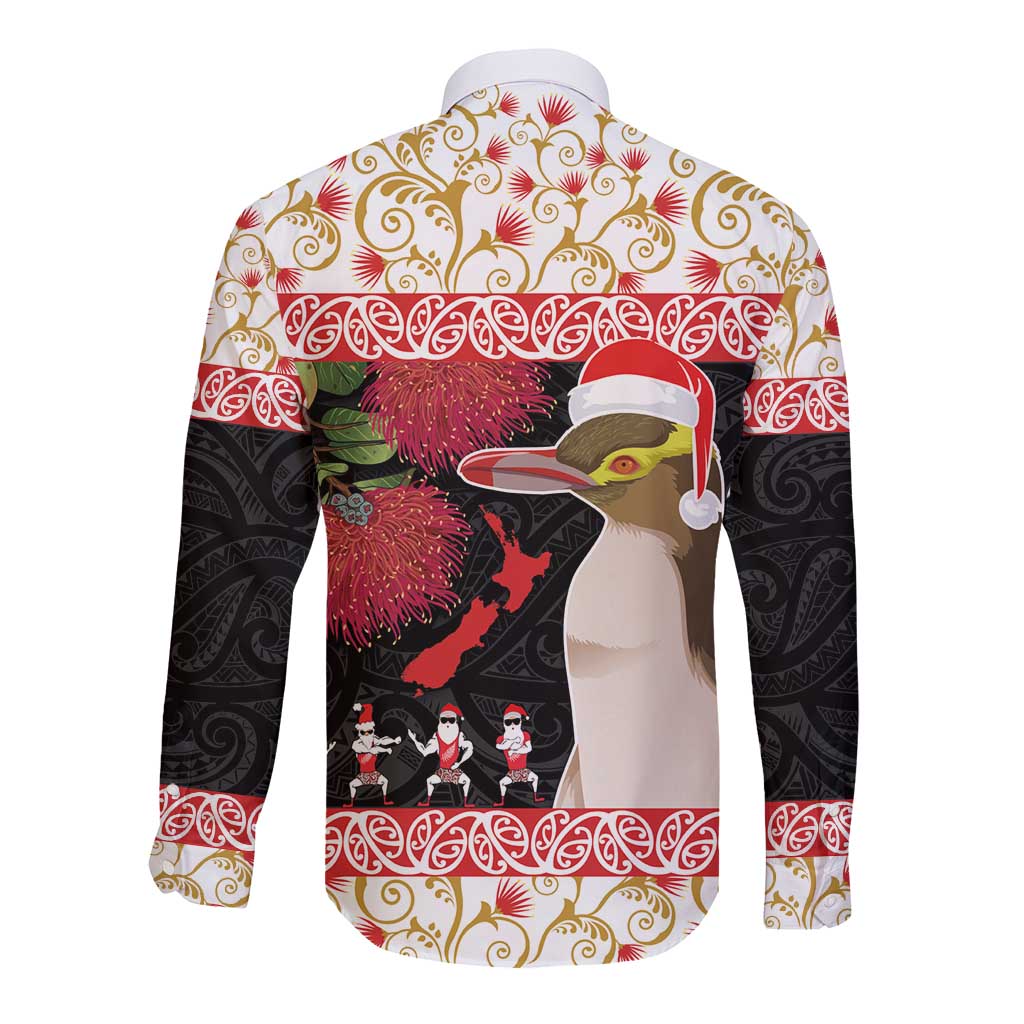 New Zealand Merry Christmas Long Sleeve Button Shirt Hoiho Xmas - Haka Dance and Pohutukawa LT03 - Polynesian Pride