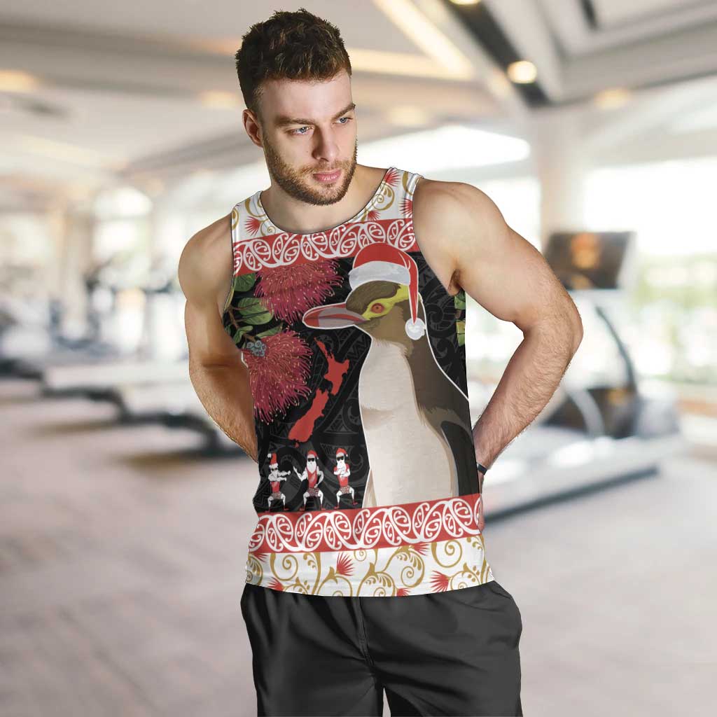 New Zealand Merry Christmas Men Tank Top Hoiho Xmas - Haka Dance and Pohutukawa LT03 White - Polynesian Pride