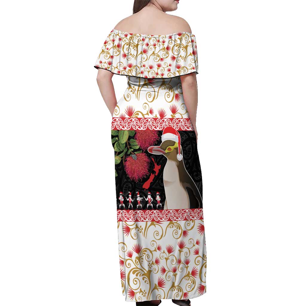 New Zealand Merry Christmas Off Shoulder Maxi Dress Hoiho Xmas - Haka Dance and Pohutukawa LT03 - Polynesian Pride