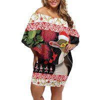 New Zealand Merry Christmas Off Shoulder Short Dress Hoiho Xmas - Haka Dance and Pohutukawa LT03 Women White - Polynesian Pride