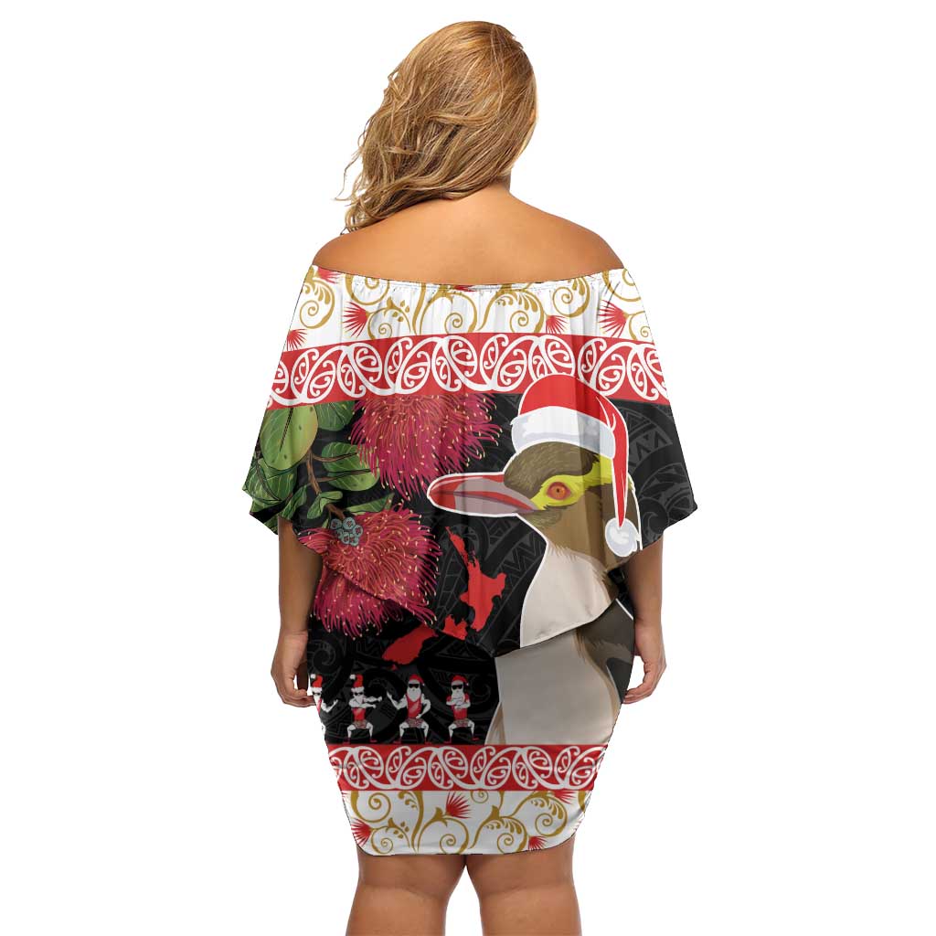 New Zealand Merry Christmas Off Shoulder Short Dress Hoiho Xmas - Haka Dance and Pohutukawa LT03 - Polynesian Pride