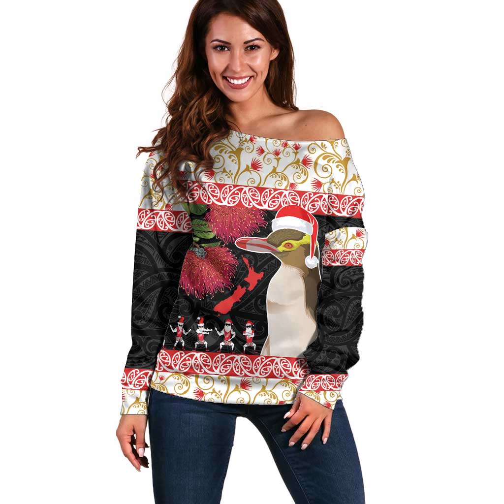 New Zealand Merry Christmas Off Shoulder Sweater Hoiho Xmas - Haka Dance and Pohutukawa LT03 Women White - Polynesian Pride