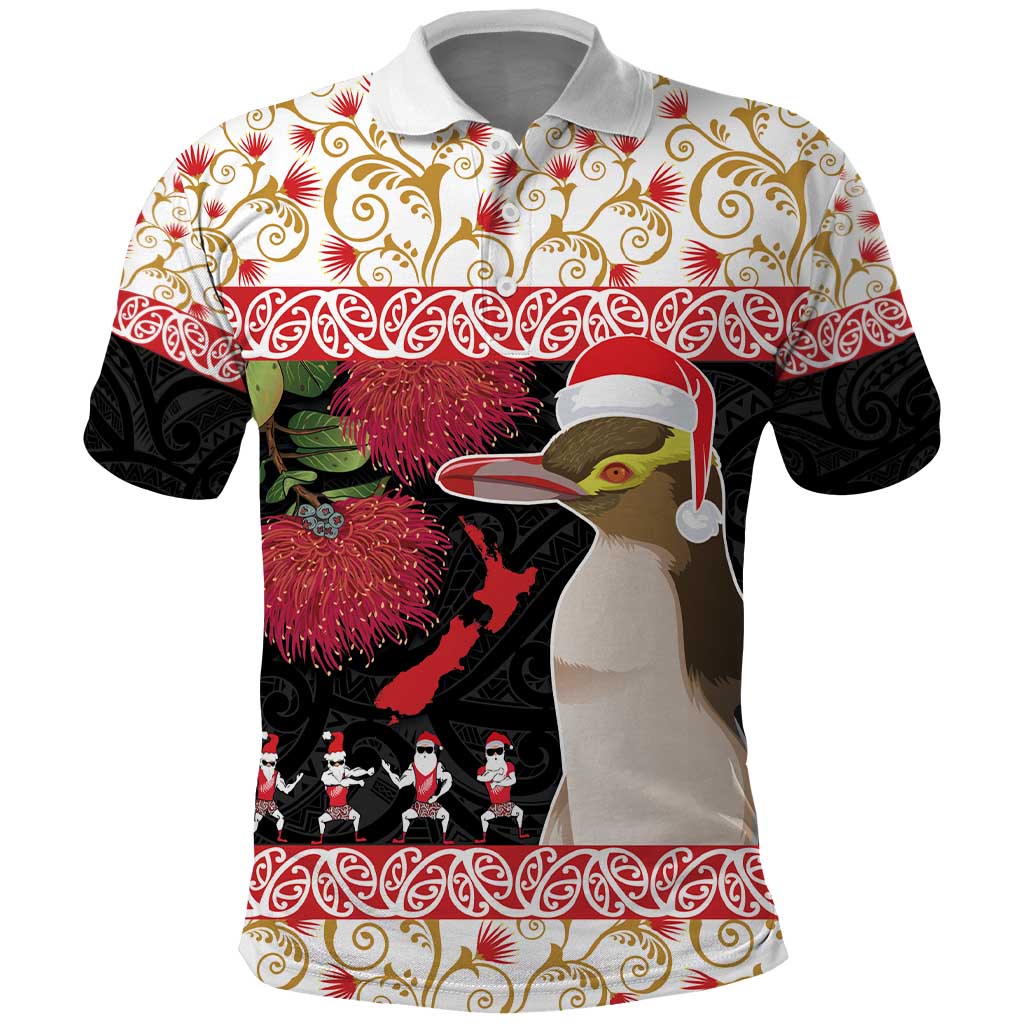 New Zealand Merry Christmas Polo Shirt Hoiho Xmas - Haka Dance and Pohutukawa LT03 White - Polynesian Pride