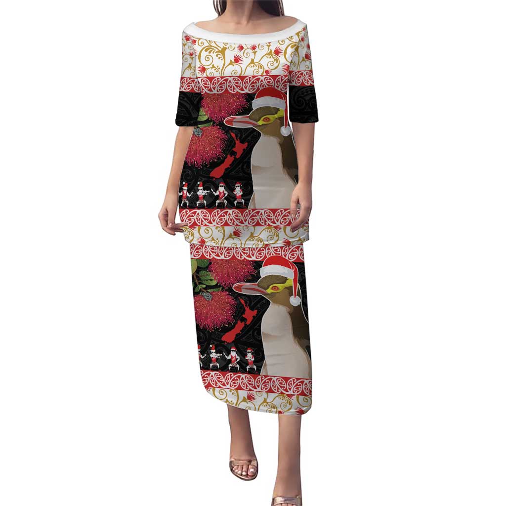 New Zealand Merry Christmas Puletasi Hoiho Xmas - Haka Dance and Pohutukawa LT03 Long Dress White - Polynesian Pride