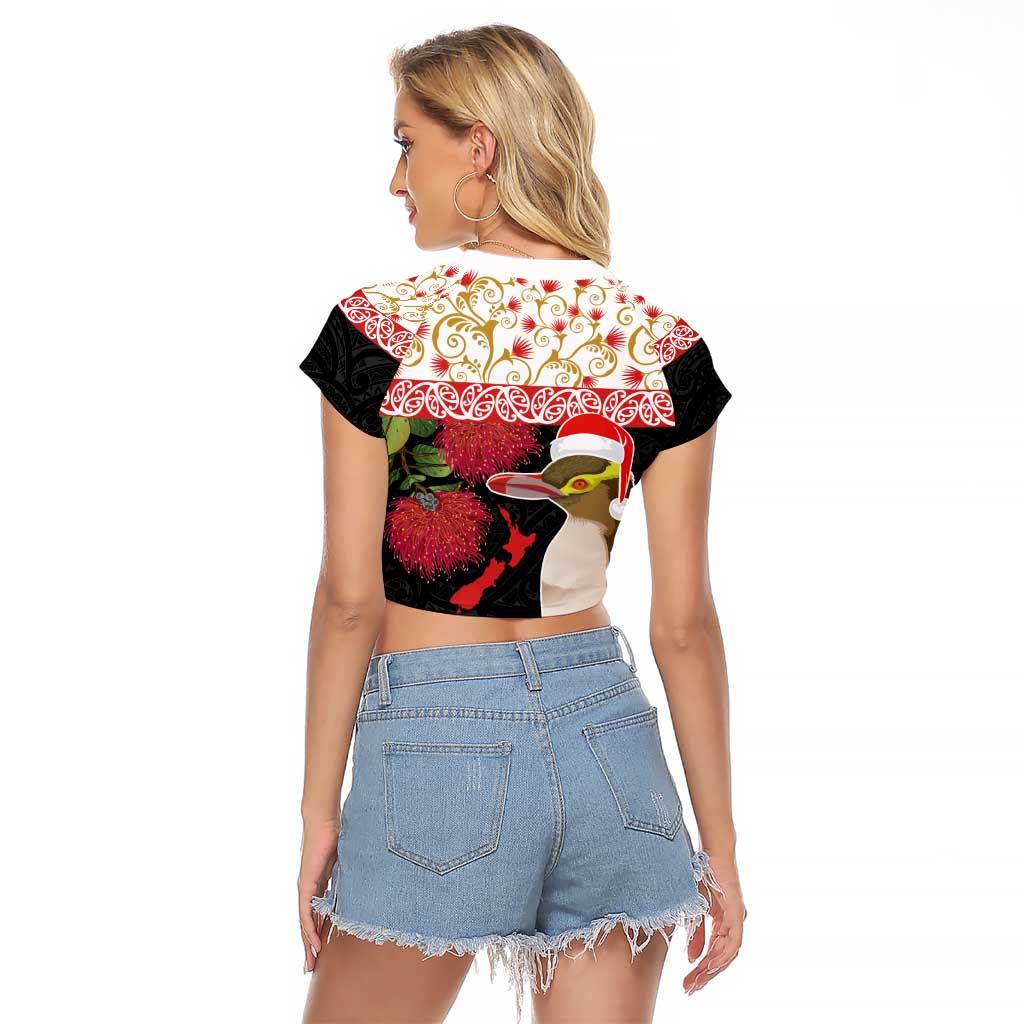 New Zealand Merry Christmas Raglan Cropped T Shirt Hoiho Xmas - Haka Dance and Pohutukawa LT03 - Polynesian Pride
