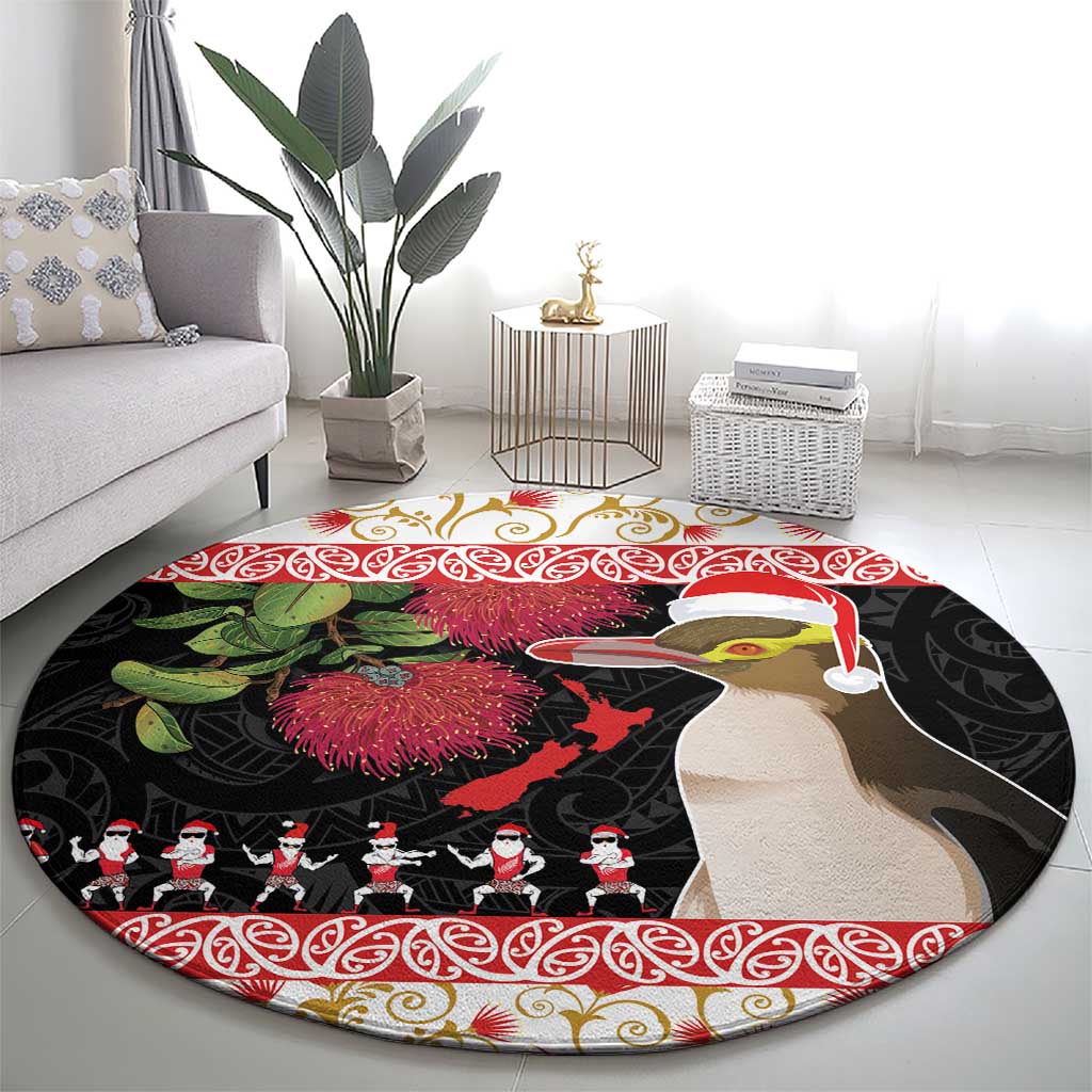 New Zealand Merry Christmas Round Carpet Hoiho Xmas - Haka Dance and Pohutukawa LT03 - Polynesian Pride