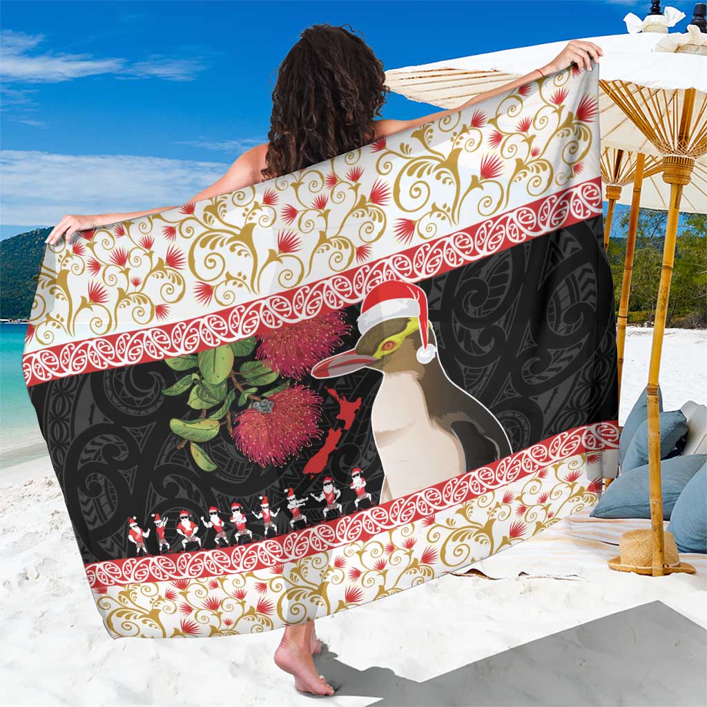 New Zealand Merry Christmas Sarong Hoiho Xmas - Haka Dance and Pohutukawa LT03 One Size 44 x 66 inches White - Polynesian Pride