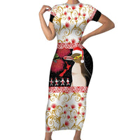 New Zealand Merry Christmas Short Sleeve Bodycon Dress Hoiho Xmas - Haka Dance and Pohutukawa LT03 Long Dress White - Polynesian Pride
