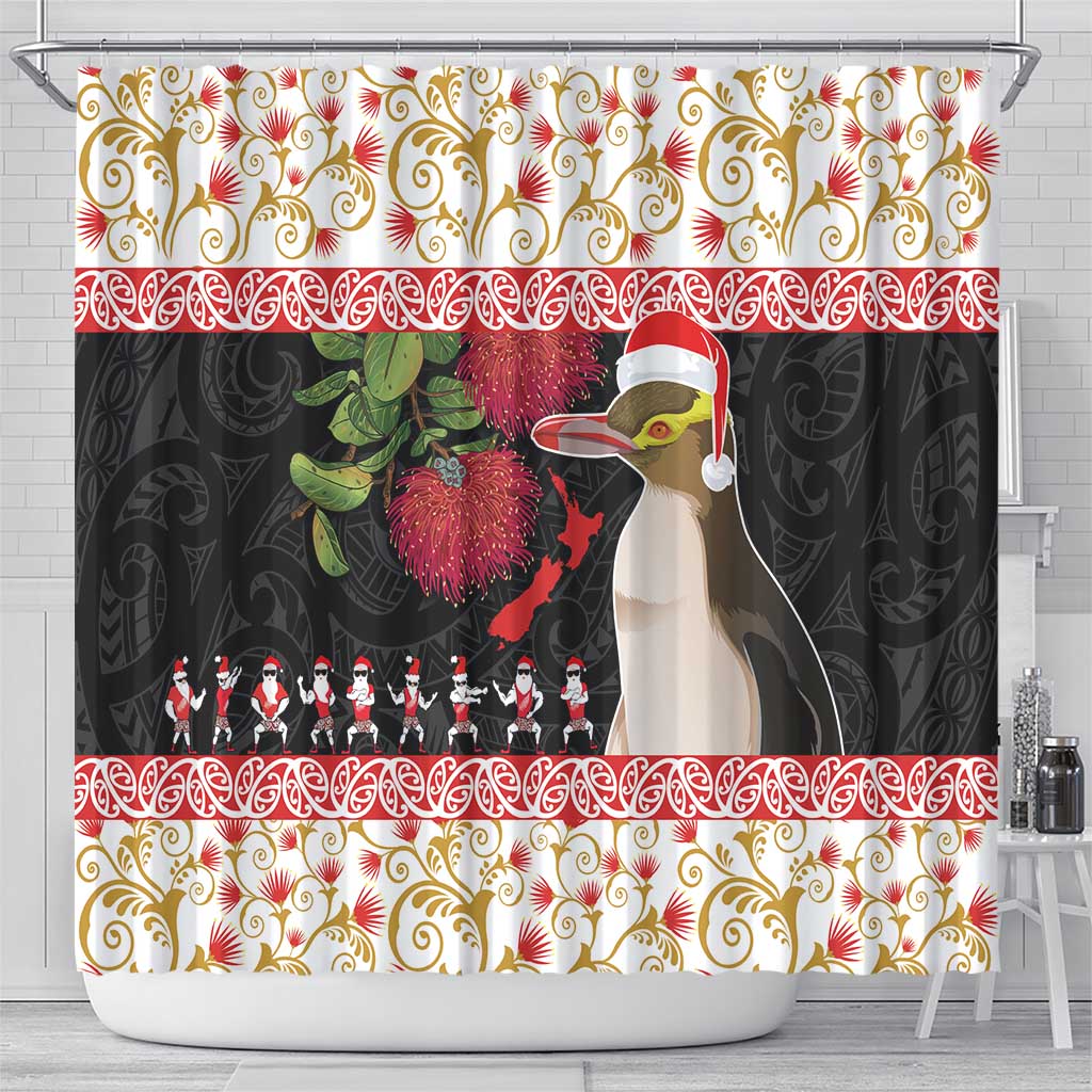 New Zealand Merry Christmas Shower Curtain Hoiho Xmas - Haka Dance and Pohutukawa LT03 - Polynesian Pride
