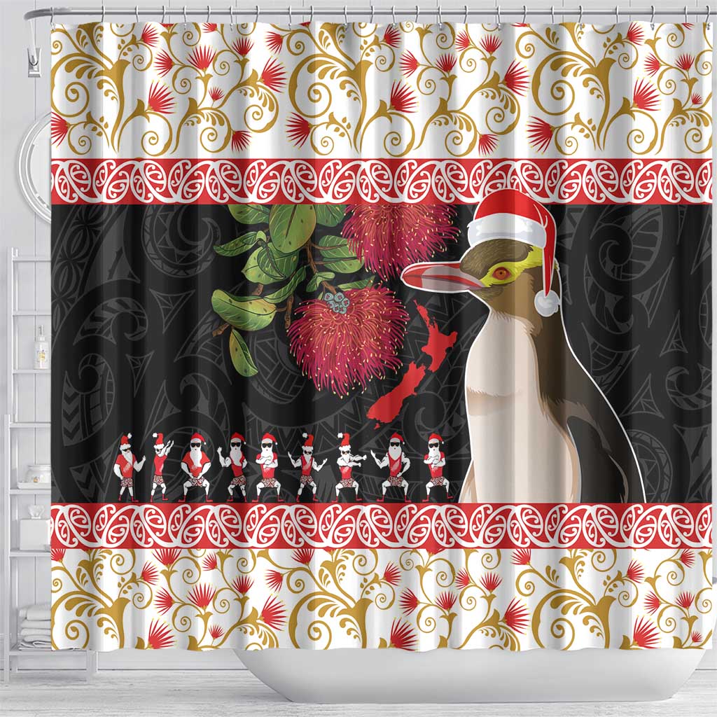 New Zealand Merry Christmas Shower Curtain Hoiho Xmas - Haka Dance and Pohutukawa LT03 - Polynesian Pride