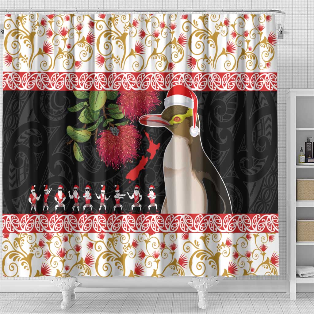 New Zealand Merry Christmas Shower Curtain Hoiho Xmas - Haka Dance and Pohutukawa LT03 - Polynesian Pride