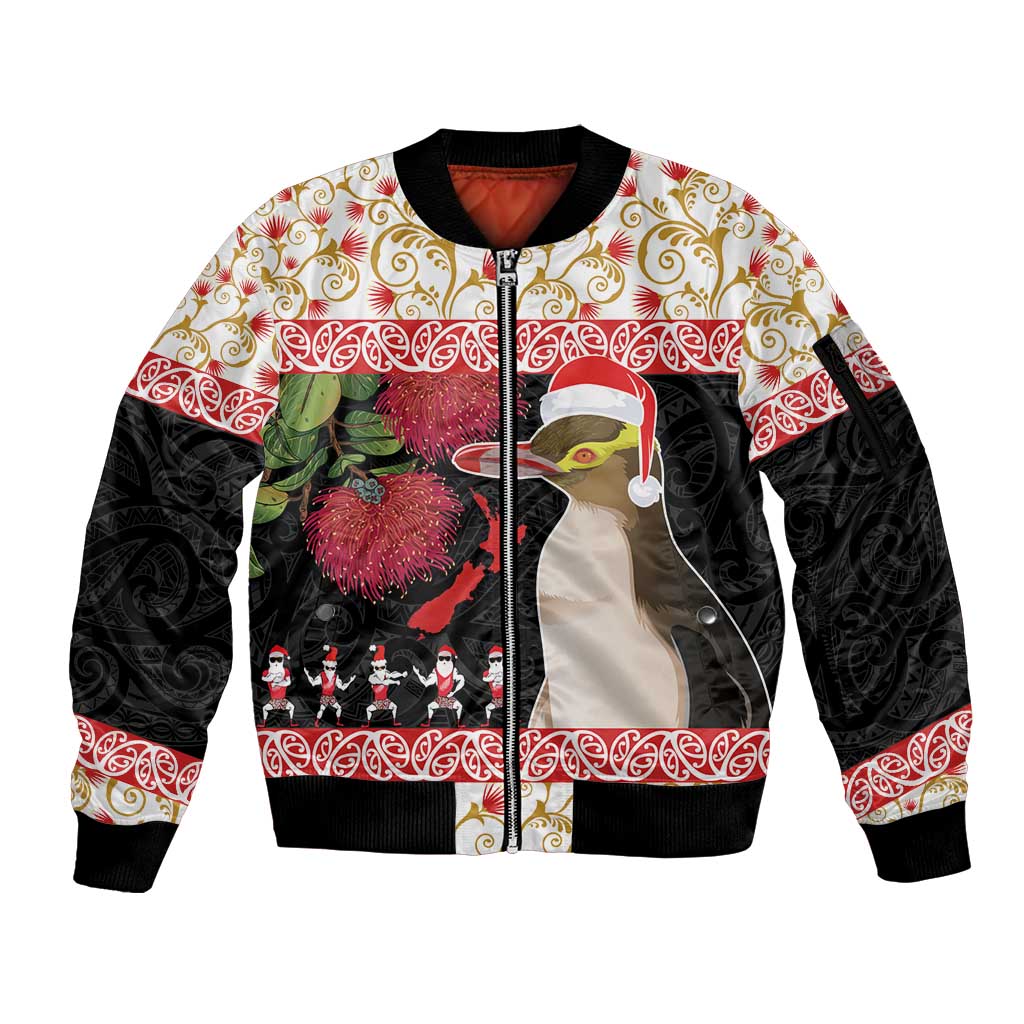 New Zealand Merry Christmas Sleeve Zip Bomber Jacket Hoiho Xmas - Haka Dance and Pohutukawa LT03 Unisex White - Polynesian Pride