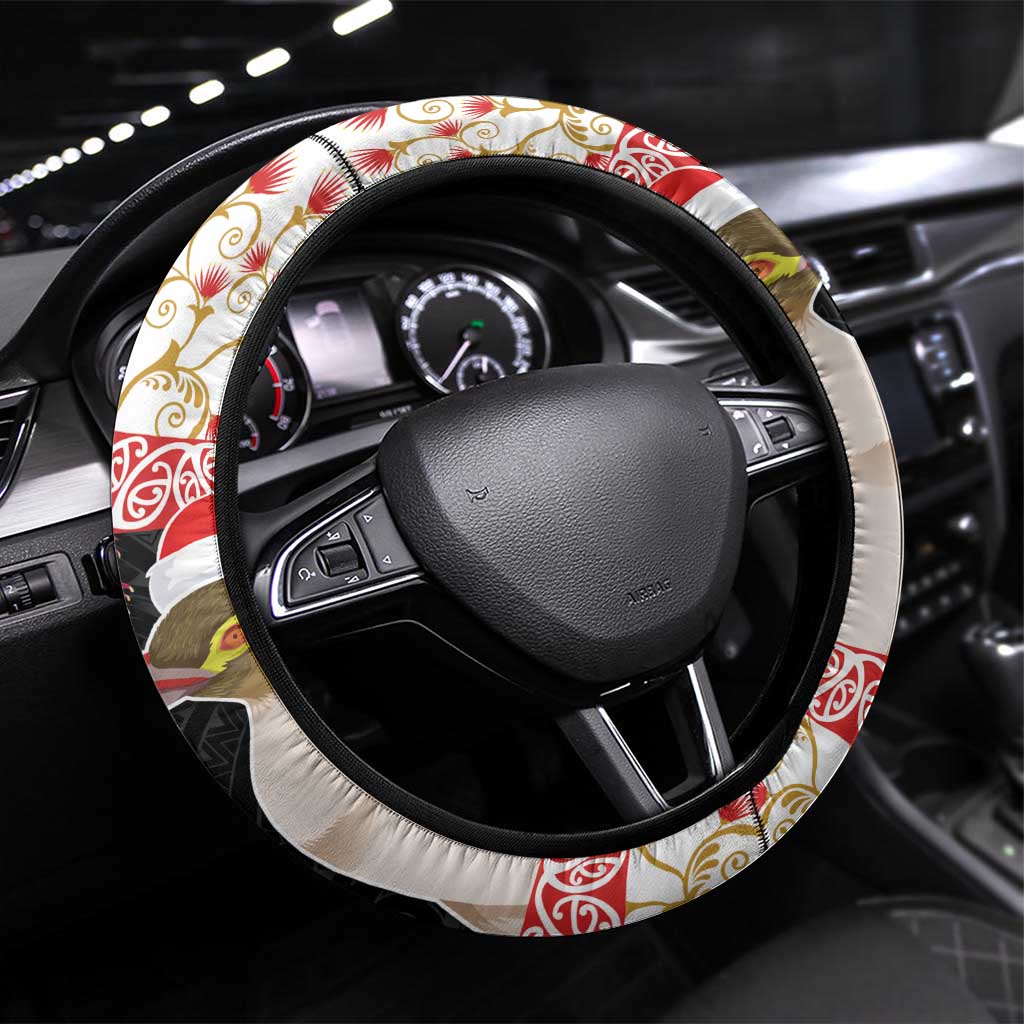 New Zealand Merry Christmas Steering Wheel Cover Hoiho Xmas - Haka Dance and Pohutukawa LT03 Universal Fit White - Polynesian Pride