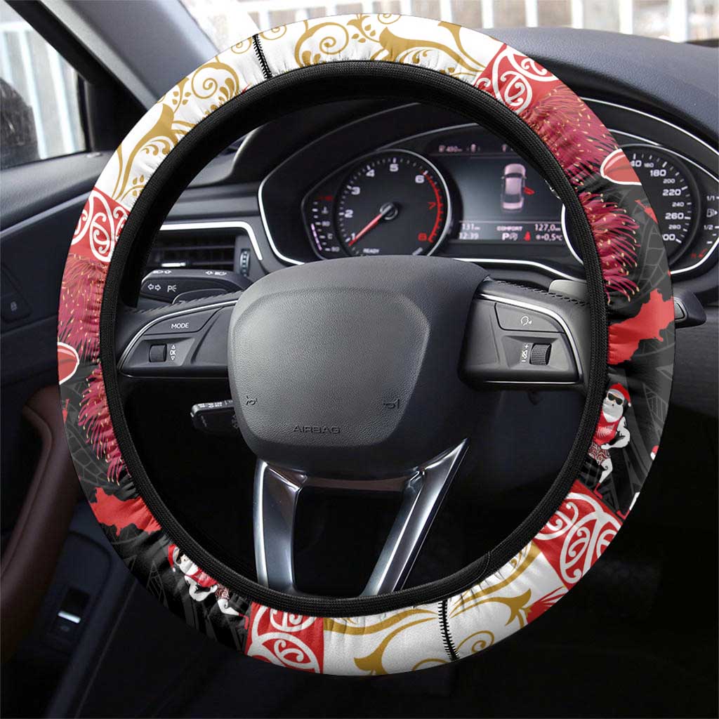 New Zealand Merry Christmas Steering Wheel Cover Hoiho Xmas - Haka Dance and Pohutukawa LT03 - Polynesian Pride