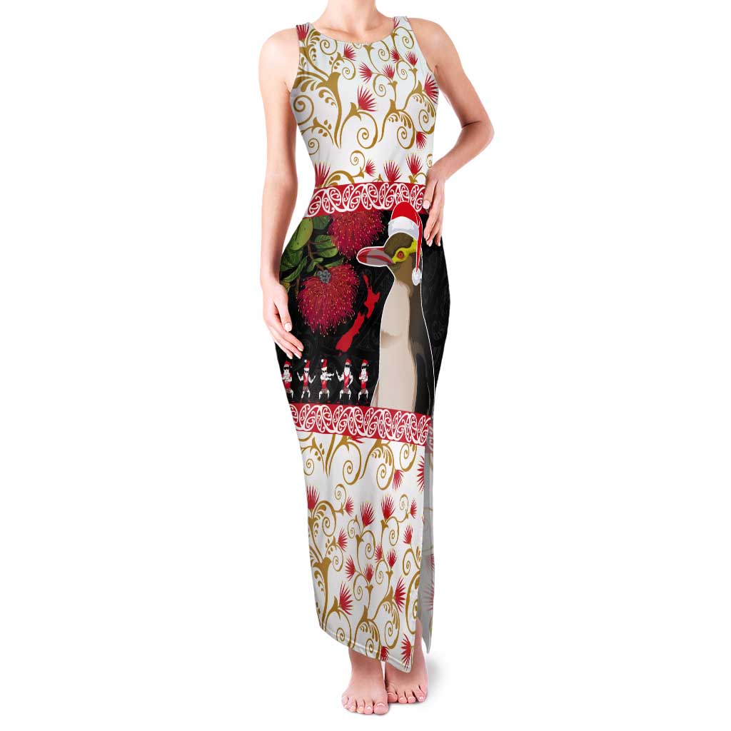 New Zealand Merry Christmas Tank Maxi Dress Hoiho Xmas - Haka Dance and Pohutukawa LT03 Women White - Polynesian Pride