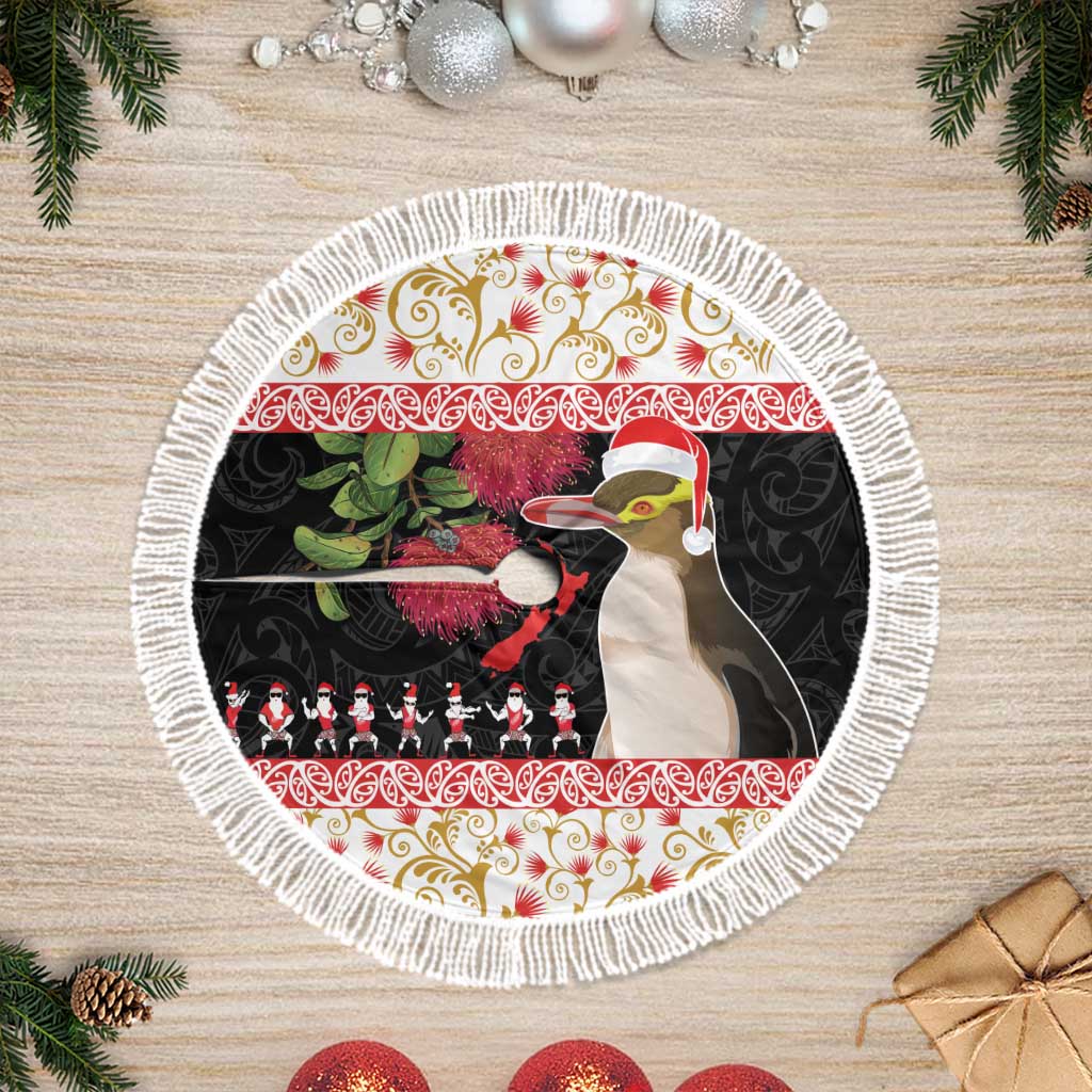 New Zealand Merry Christmas Tree Skirt Hoiho Xmas - Haka Dance and Pohutukawa LT03 Fringed White - Polynesian Pride