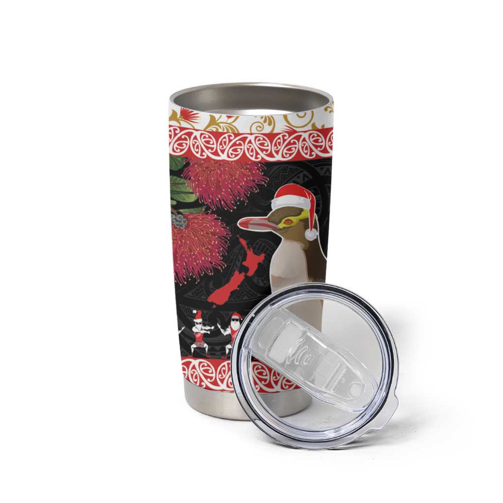 New Zealand Merry Christmas Tumbler Cup Hoiho Xmas - Haka Dance and Pohutukawa LT03 - Polynesian Pride