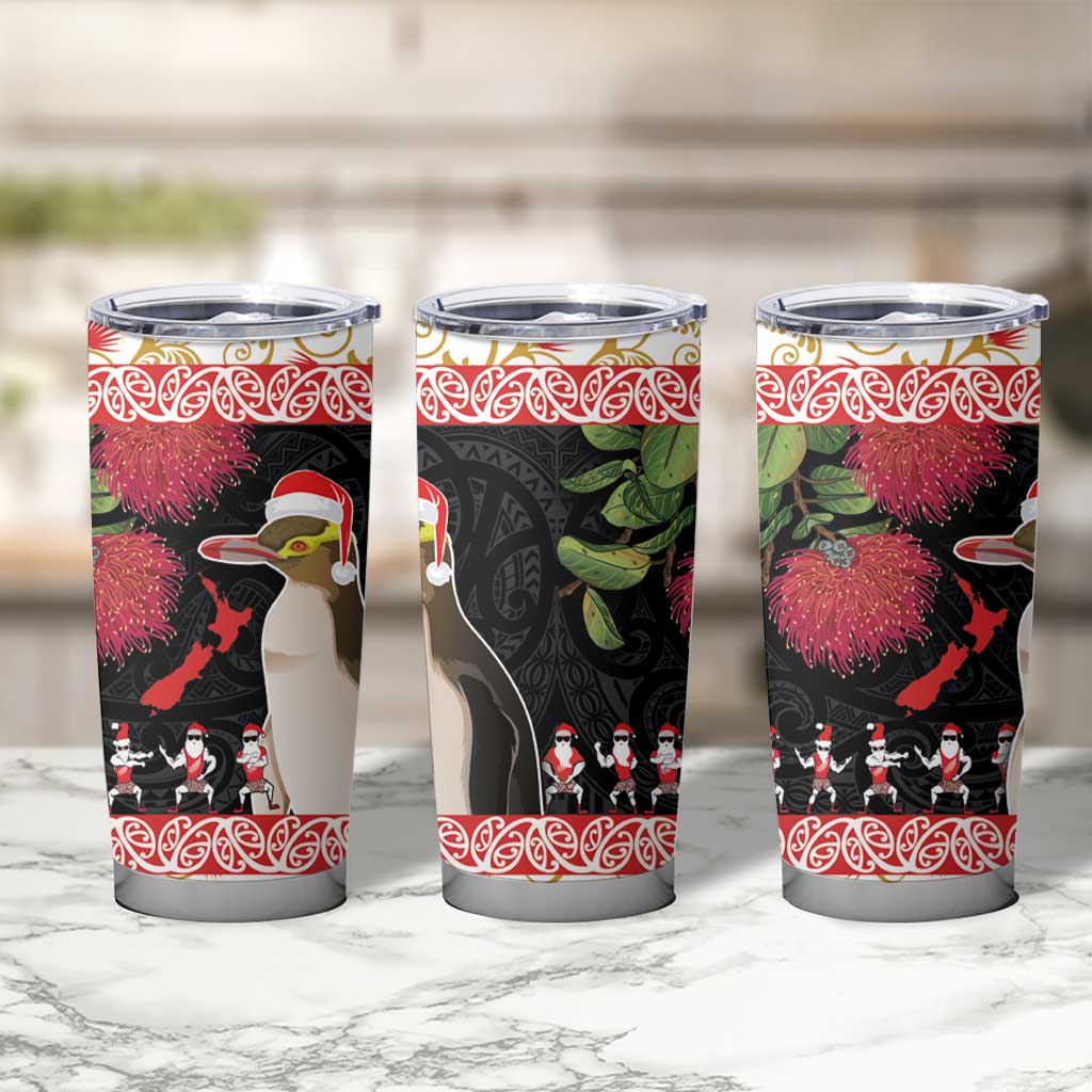 New Zealand Merry Christmas Tumbler Cup Hoiho Xmas - Haka Dance and Pohutukawa LT03 - Polynesian Pride