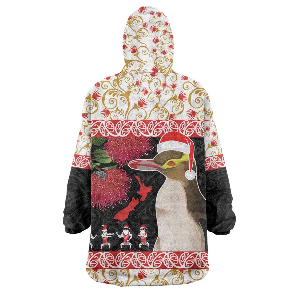 New Zealand Merry Christmas Wearable Blanket Hoodie Hoiho Xmas - Haka Dance and Pohutukawa LT03 - Polynesian Pride