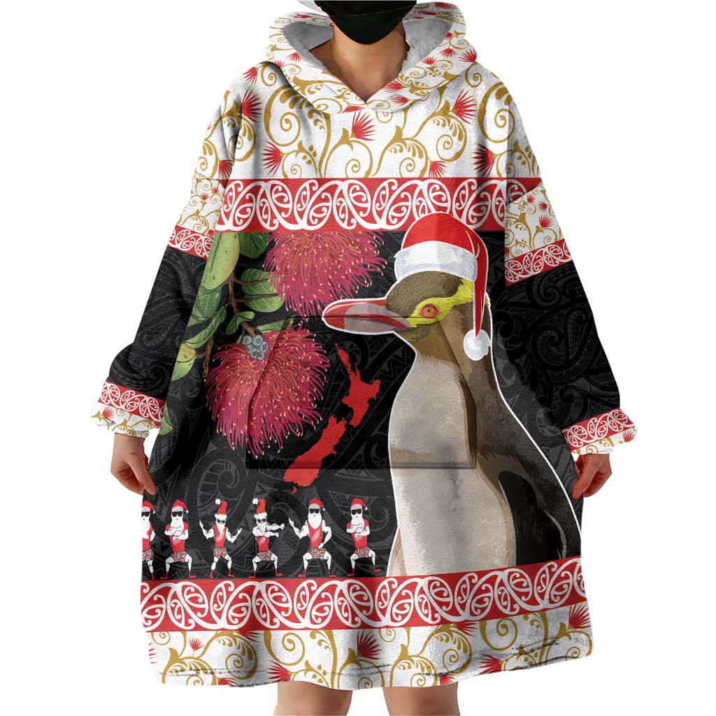 New Zealand Merry Christmas Wearable Blanket Hoodie Hoiho Xmas - Haka Dance and Pohutukawa LT03 - Polynesian Pride