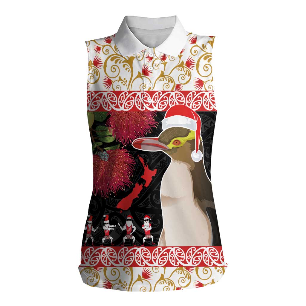 New Zealand Merry Christmas Women Sleeveless Polo Shirt Hoiho Xmas - Haka Dance and Pohutukawa LT03 Female White - Polynesian Pride