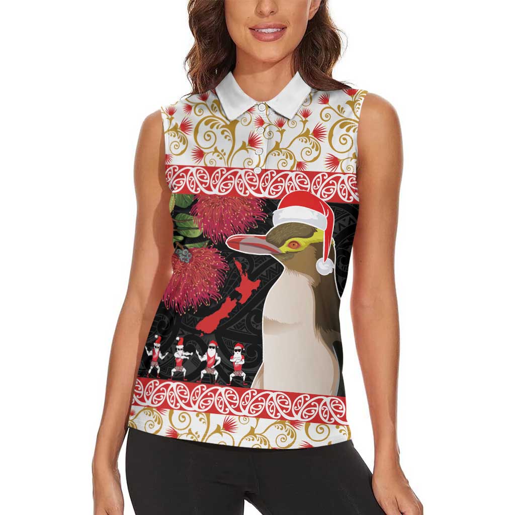 New Zealand Merry Christmas Women Sleeveless Polo Shirt Hoiho Xmas - Haka Dance and Pohutukawa LT03 - Polynesian Pride