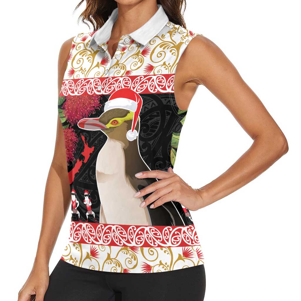 New Zealand Merry Christmas Women Sleeveless Polo Shirt Hoiho Xmas - Haka Dance and Pohutukawa LT03 - Polynesian Pride