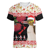 New Zealand Merry Christmas Women V-Neck T-Shirt Hoiho Xmas - Haka Dance and Pohutukawa LT03 Female White - Polynesian Pride