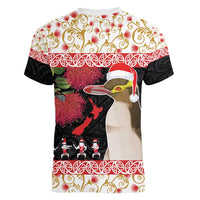 New Zealand Merry Christmas Women V-Neck T-Shirt Hoiho Xmas - Haka Dance and Pohutukawa LT03 - Polynesian Pride