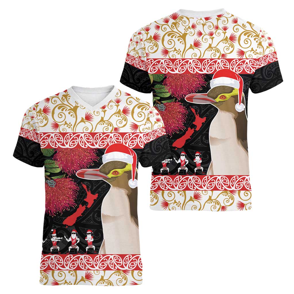 New Zealand Merry Christmas Women V-Neck T-Shirt Hoiho Xmas - Haka Dance and Pohutukawa LT03 - Polynesian Pride