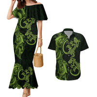 New Zealand Gecko Maori Art Tattoo Couples Matching Mermaid Dress and Hawaiian Shirt LT03 Green - Polynesian Pride