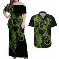 New Zealand Gecko Maori Art Tattoo Couples Matching Off Shoulder Maxi Dress and Hawaiian Shirt LT03 Green - Polynesian Pride