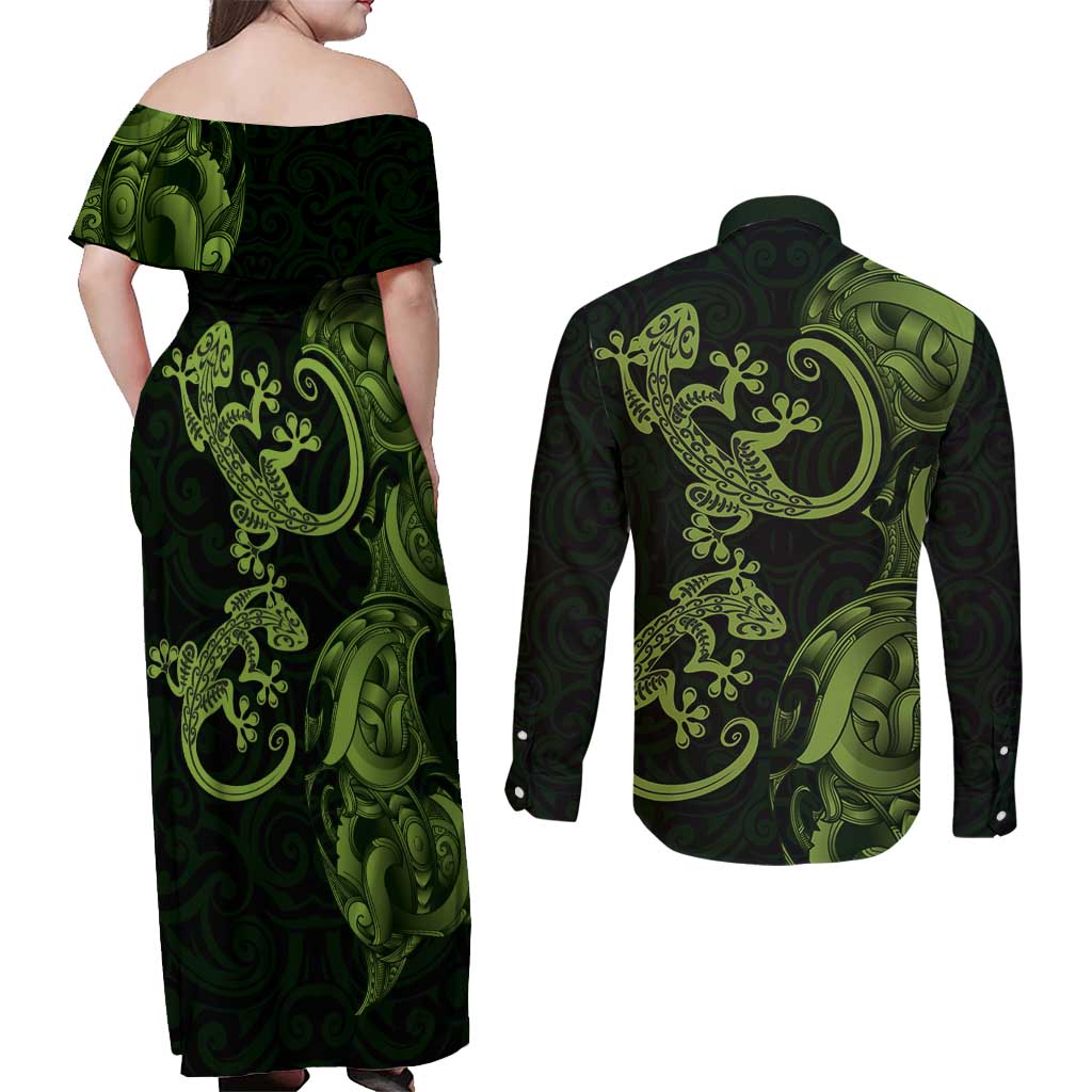 New Zealand Gecko Maori Art Tattoo Couples Matching Off Shoulder Maxi Dress and Long Sleeve Button Shirt LT03 - Polynesian Pride