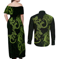 New Zealand Gecko Maori Art Tattoo Couples Matching Off Shoulder Maxi Dress and Long Sleeve Button Shirt LT03 - Polynesian Pride