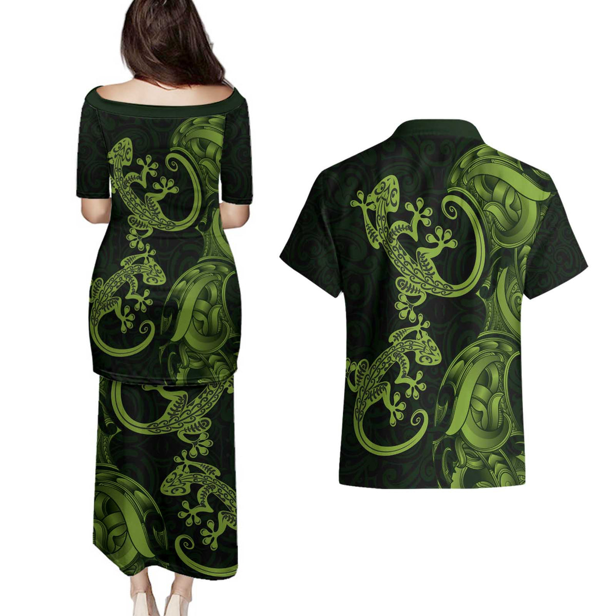 New Zealand Gecko Maori Art Tattoo Couples Matching Puletasi and Hawaiian Shirt LT03 - Polynesian Pride