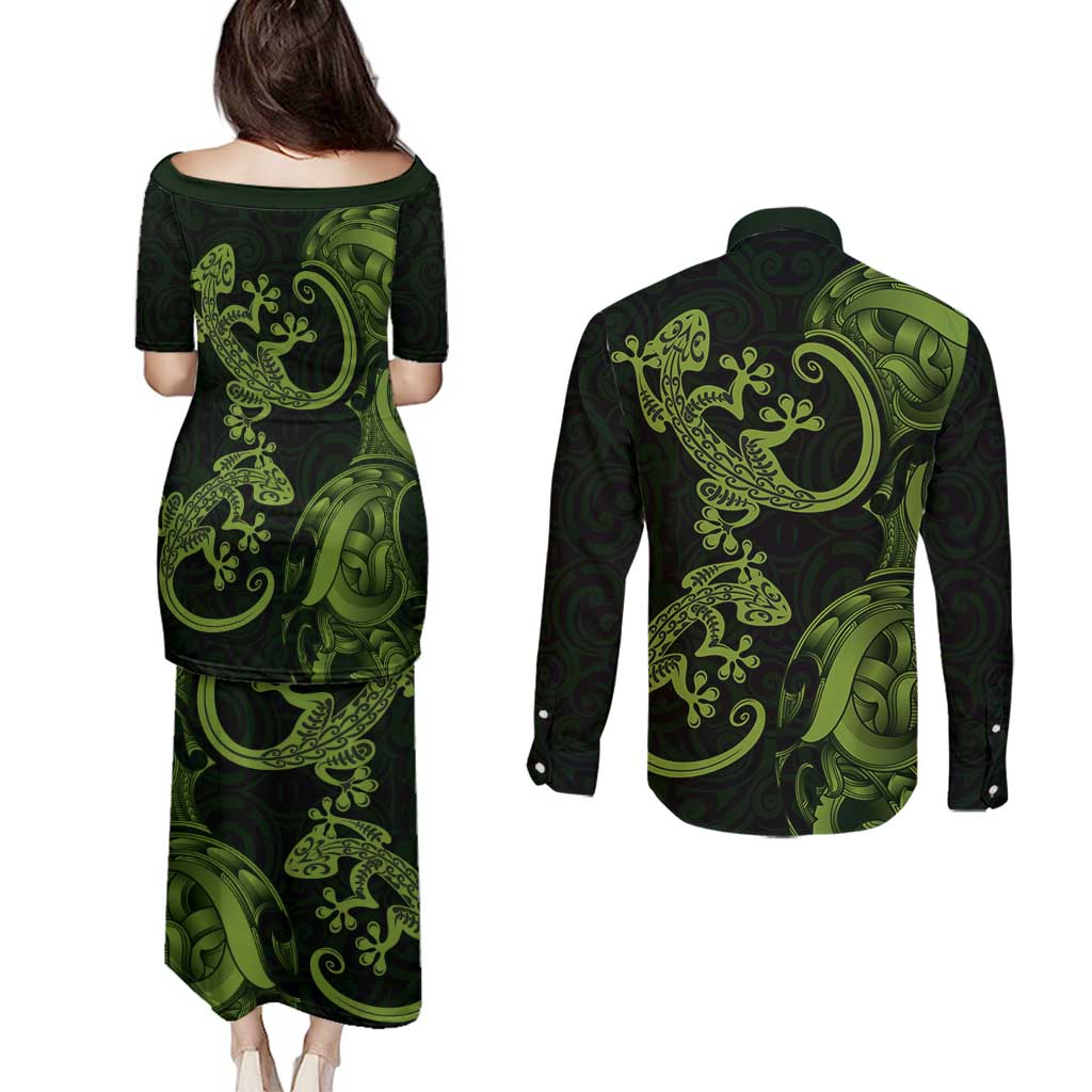 New Zealand Gecko Maori Art Tattoo Couples Matching Puletasi and Long Sleeve Button Shirt LT03 - Polynesian Pride