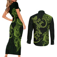 New Zealand Gecko Maori Art Tattoo Couples Matching Short Sleeve Bodycon Dress and Long Sleeve Button Shirt LT03 - Polynesian Pride