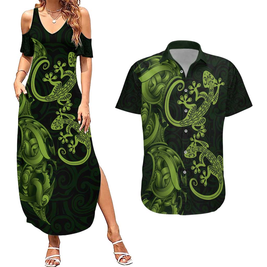 New Zealand Gecko Maori Art Tattoo Couples Matching Summer Maxi Dress and Hawaiian Shirt LT03 Green - Polynesian Pride