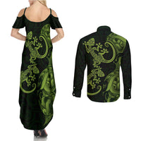New Zealand Gecko Maori Art Tattoo Couples Matching Summer Maxi Dress and Long Sleeve Button Shirt LT03 - Polynesian Pride