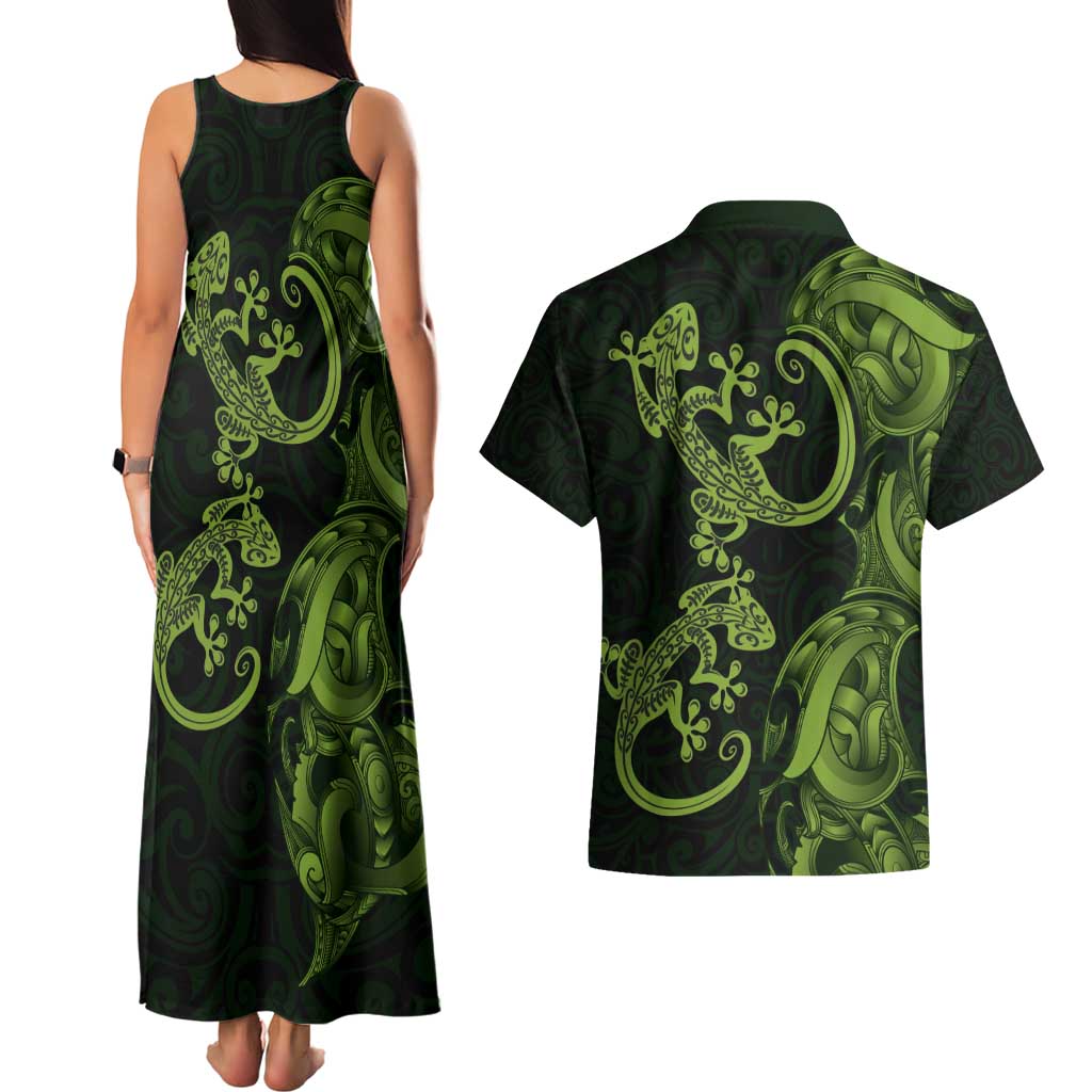 New Zealand Gecko Maori Art Tattoo Couples Matching Tank Maxi Dress and Hawaiian Shirt LT03 - Polynesian Pride