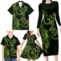New Zealand Gecko Maori Art Tattoo Family Matching Long Sleeve Bodycon Dress and Hawaiian Shirt LT03 - Polynesian Pride