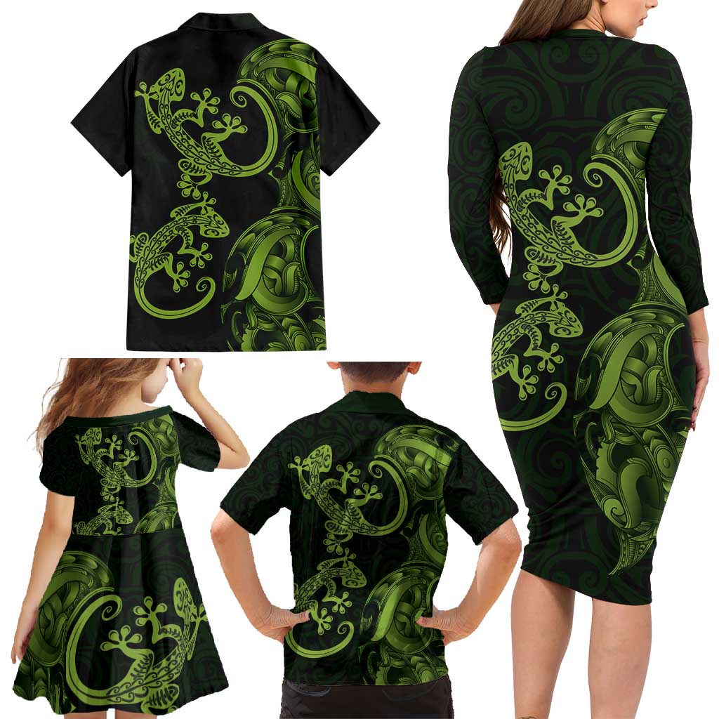 New Zealand Gecko Maori Art Tattoo Family Matching Long Sleeve Bodycon Dress and Hawaiian Shirt LT03 - Polynesian Pride