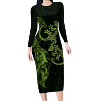 New Zealand Gecko Maori Art Tattoo Family Matching Long Sleeve Bodycon Dress and Hawaiian Shirt LT03 Mom's Dress Green - Polynesian Pride