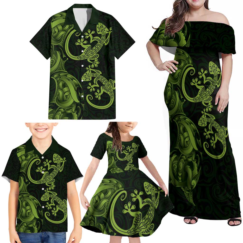New Zealand Gecko Maori Art Tattoo Family Matching Off Shoulder Maxi Dress and Hawaiian Shirt LT03 - Polynesian Pride