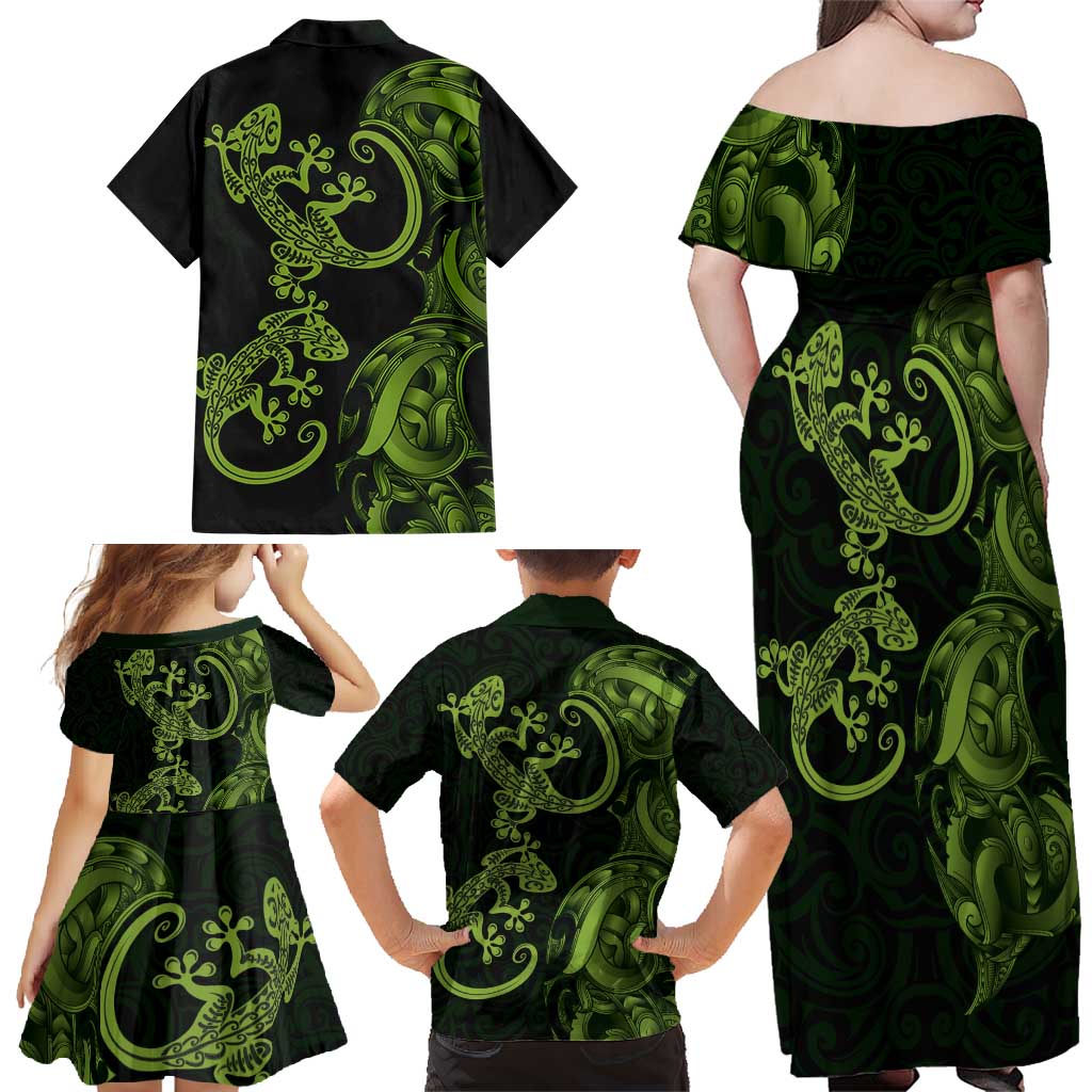 New Zealand Gecko Maori Art Tattoo Family Matching Off Shoulder Maxi Dress and Hawaiian Shirt LT03 - Polynesian Pride