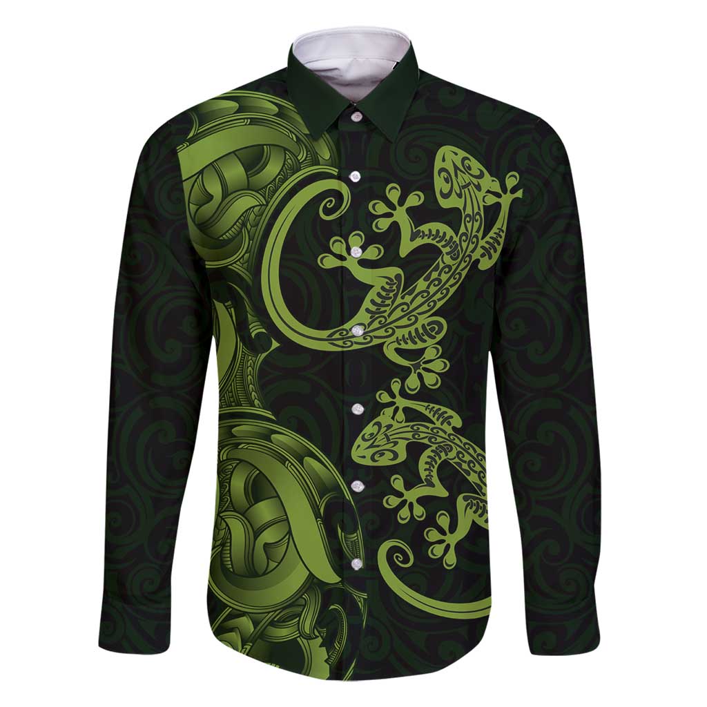 New Zealand Gecko Maori Art Tattoo Family Matching Off Shoulder Maxi Dress and Hawaiian Shirt LT03 Dad's Shirt - Long Sleeve Green - Polynesian Pride