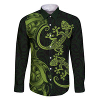 New Zealand Gecko Maori Art Tattoo Family Matching Off Shoulder Maxi Dress and Hawaiian Shirt LT03 Dad's Shirt - Long Sleeve Green - Polynesian Pride