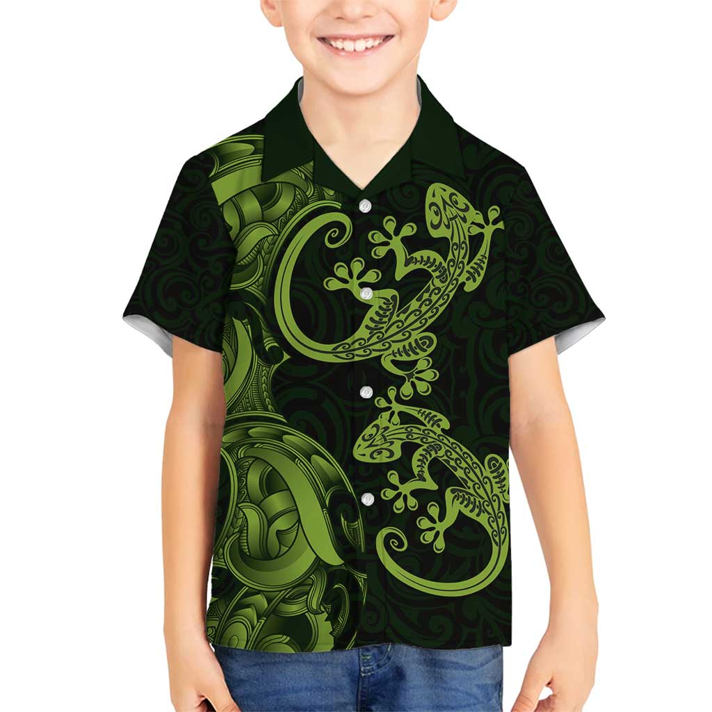 New Zealand Gecko Maori Art Tattoo Family Matching Off Shoulder Maxi Dress and Hawaiian Shirt LT03 Son's Shirt Green - Polynesian Pride